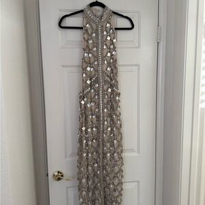 ASOS Beaded Halter Maxi Dress in Nude with Silver Embellishments